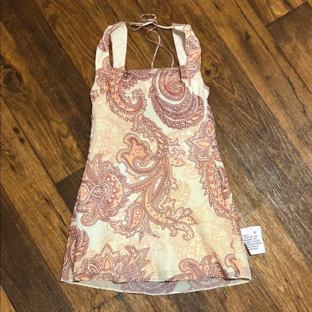 Paisley Print Mini Dress - Cream and Pastel Peach